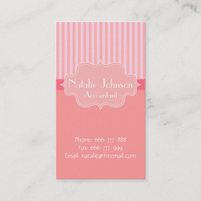 Classy and Elegant, Pink Stripes Background Business Card (Front)
