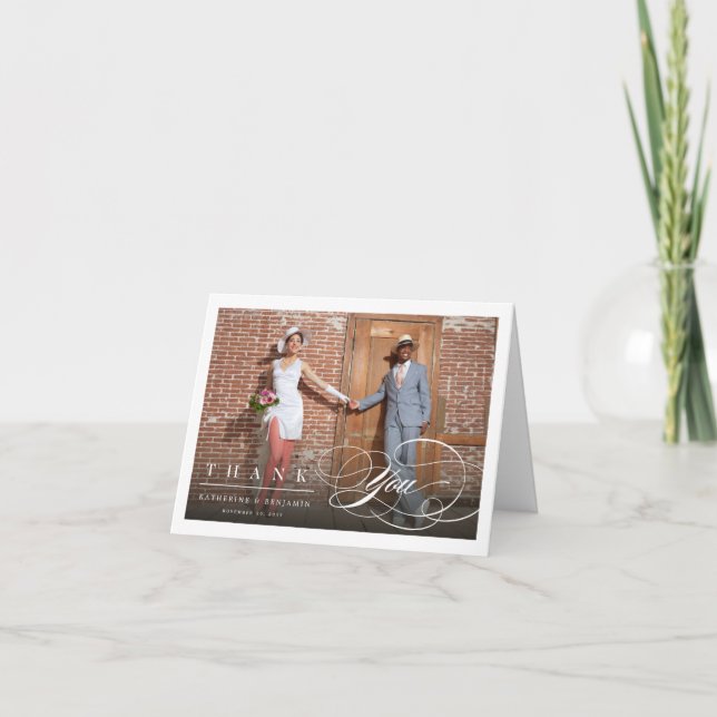 Classy And Elegant Script Photo Wedding Thank You Note Card (Front)