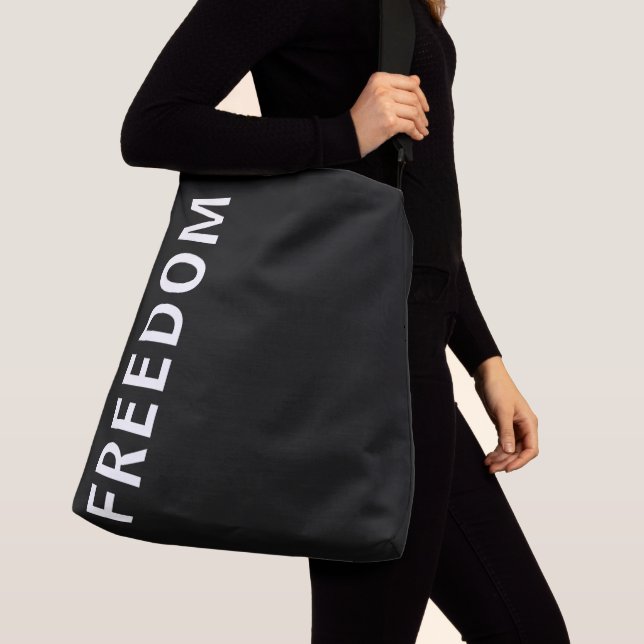 Classy and simple black and white Freedom text Crossbody Bag (Close Up)