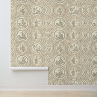 Classy Antique Medallion Beige Brown Toile Wallpaper