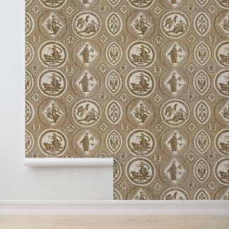 Classy Antique Medallion Beige Brown Toile Wallpaper