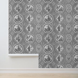 Classy Antique Medallion Grey Toile Wallpaper