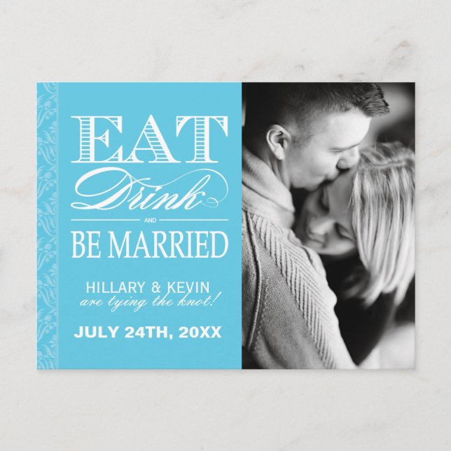 Classy Aqua Blue Damask Save the Date Announcement Postcard (Front)