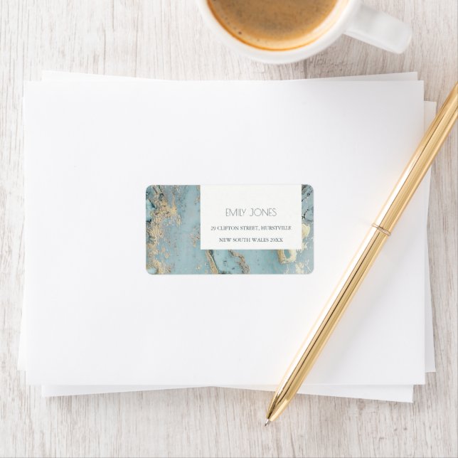 CLASSY AQUA DUSKY BLUE GOLD AGATE MONOGRAM WEDDING LABEL (Insitu)