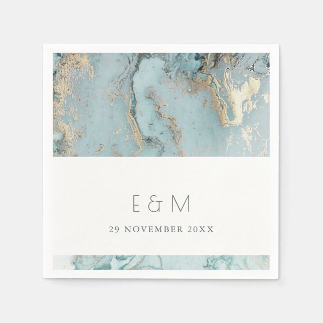 CLASSY AQUA DUSKY BLUE GOLD AGATE MONOGRAM WEDDING NAPKIN (Front)