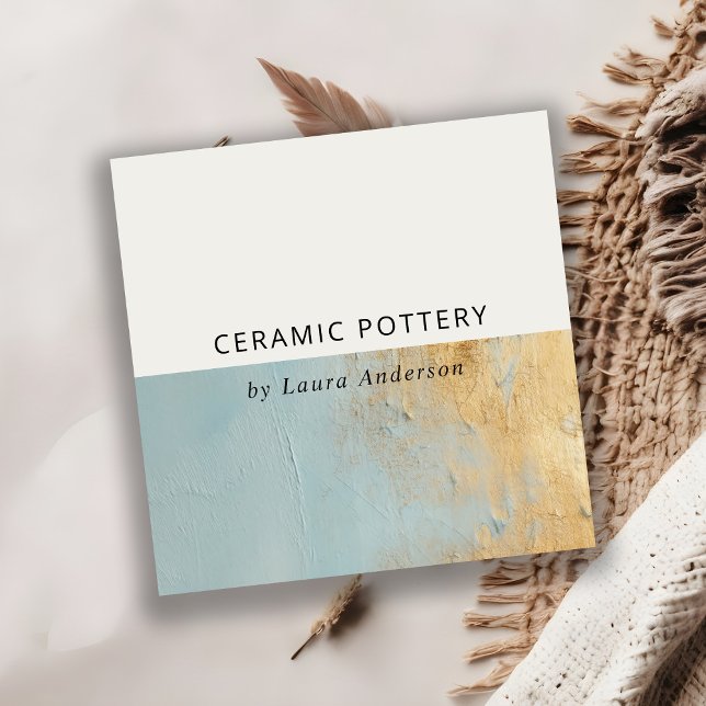 Classy Artistic Dusky Blue Gold Oil Paint Texture Square Business Card (Creator Uploaded)