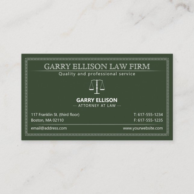 Classy Attorney at Law | Lawyer Dark Green Business Card (Front)