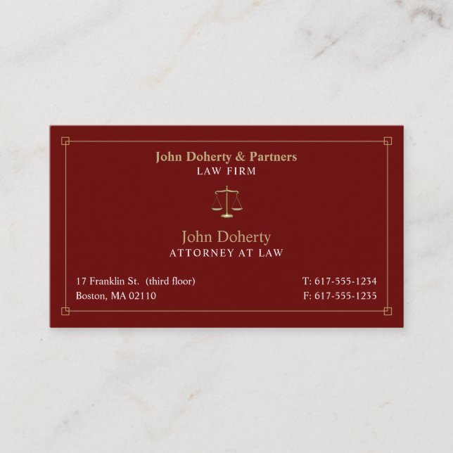Classy Attorney at Law | Lawyer Dark Red Gold Business Card (Front)