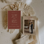 Classy Auburn Cream Old Money Photo Wedding Save The Date<br><div class="desc">This modern & retro funky minimalist terracotta Wedding auburn and cream Save The Date Template is great for you. If you are looking for a pretty, elegant and easy to customize photo Wedding Save The Date Template. A very elegant simple ivory cream script wedding save the date on terracotta auburn...</div>
