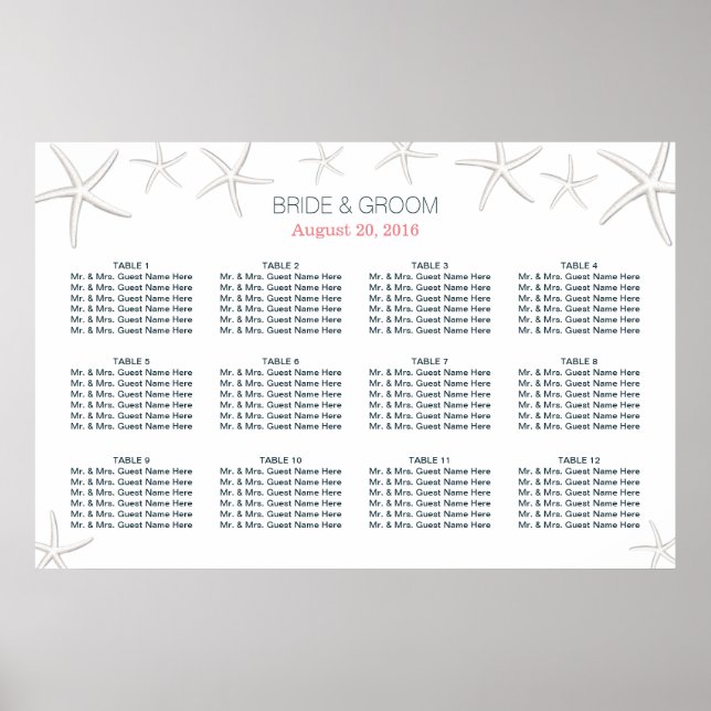 Classy Beach Theme Starfish Wedding Seating Chart (Front)