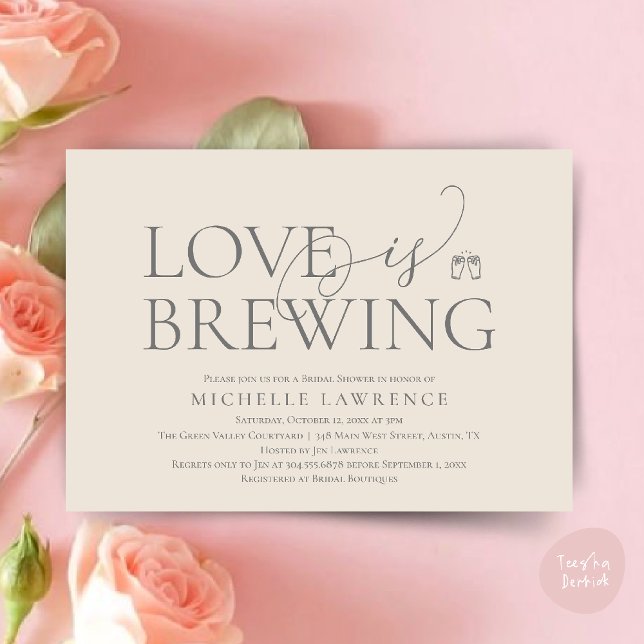 Classy Beer Party Bridal Shower, Love is brewing Invitation (Classy Beer Party Bridal Shower, Love is brewing modern romantic Invitation Card PDF in Cream Grey)