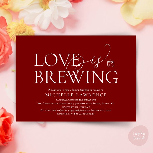 Classy Beer Party Bridal Shower, Love is brewing Invitation (Classy Beer Party Bridal Shower, Love is brewing modern romantic invites Card PDF in Burgundy red)