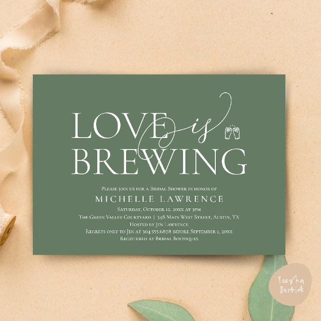 Classy Beer Party Bridal Shower, Love is brewing Invitation (Classy Beer Party Bridal Shower, Love is brewing modern romantic Invitation Card PDF in Sage Green)