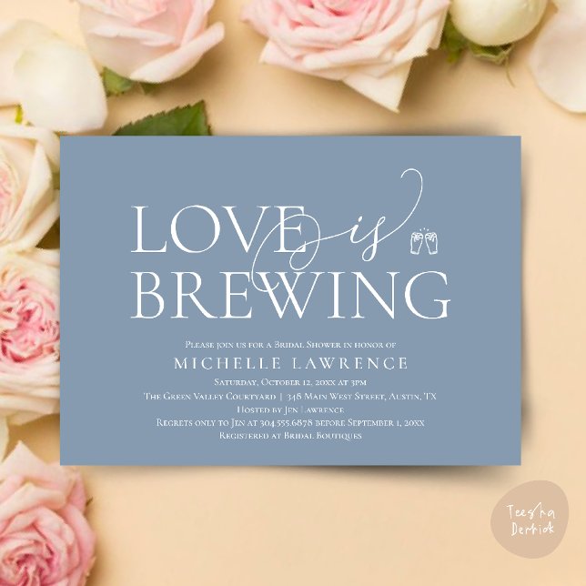 Classy Beer Party Bridal Shower, Love is brewing Invitation (Classy Beer Party Bridal Shower, Love is brewing modern romantic invites Card PDF in Dusty Blue)