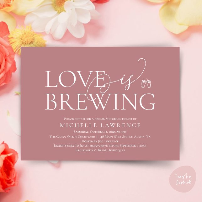 Classy Beer Party Bridal Shower, Love is brewing Invitation (Classy Beer Party Bridal Shower, Love is brewing modern romantic invites Card PDF in Dusty rose pink)