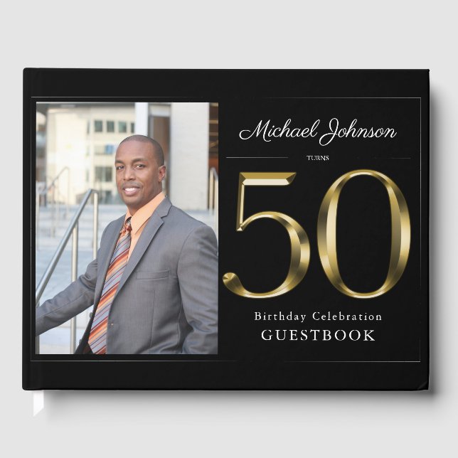 Classy Black 50th Solid Gold Custom Photo Birthday Guest Book (Front)