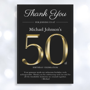 Classy Black and Gold 50th Birthday Thank You Card