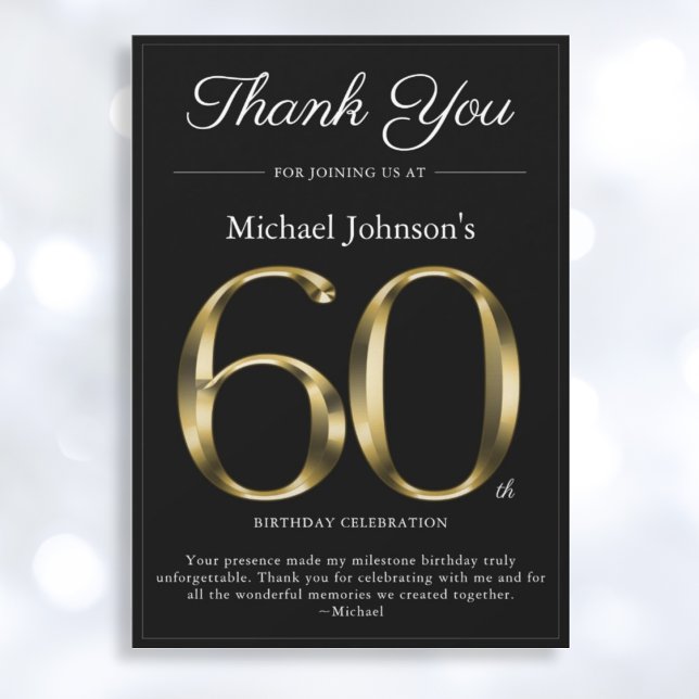 Classy Black and Gold 60th Birthday Thank You Card (Mockup View)