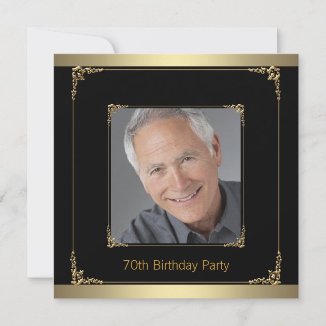 Classy Black and Gold 70th Birthday Party Invitation (Front)