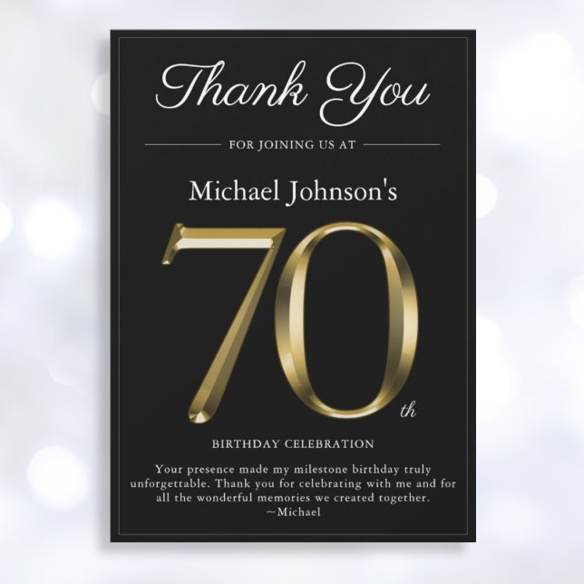 Classy Black and Gold 70th Birthday Thank You Card (Mockup View)