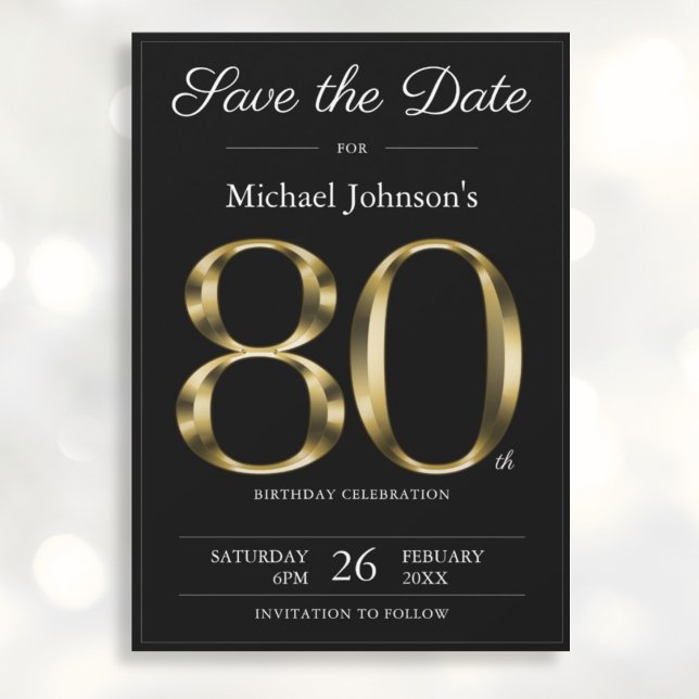 Classy Black and Gold 80th Birthday Party  Save The Date (Mockup View)