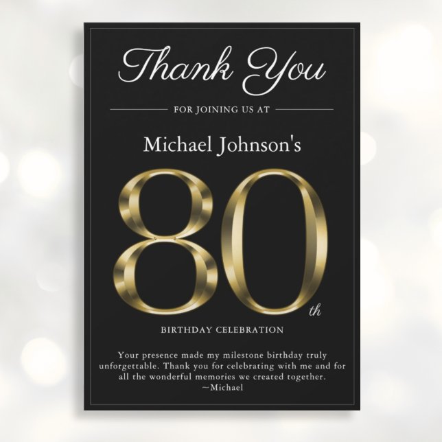 Classy Black and Gold 80th Birthday Thank You Card (Mockup View)