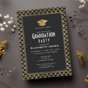 Classy Black and Gold Art Deco Graduation Party Invitation