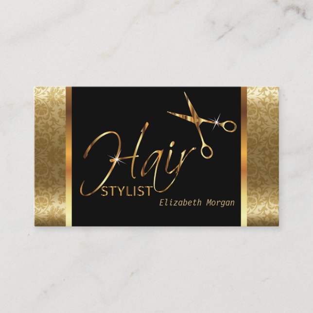 Classy Black and Gold Damask Hair Stylist Business Card (Front)