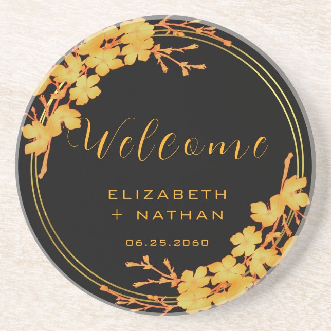 Classy Black and Gold Floral Wedding Welcome Coaster (Front)