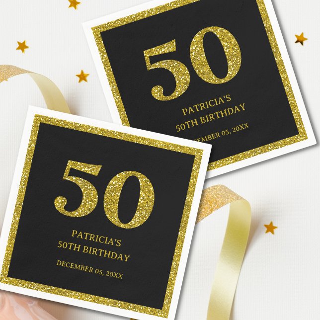 Classy Black And Gold Glitter 50th Birthday Party  Napkin (Classy Black And Gold Glitter 50th Birthday Party paper napkins)