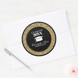 Classy Black and Gold Glittery Graduation Classic Round Sticker