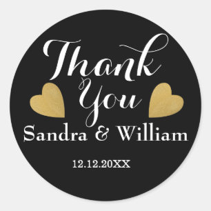 Classy Black And Gold Hearts Wedding Thank You Classic Round Sticker