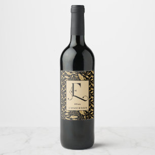 Classy Black and Gold Leaf Pattern Monogram E Wine Label