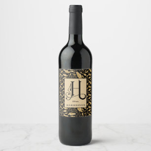 Classy Black and Gold Leaf Pattern Monogram Wine Label