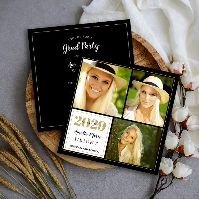 Classy Black and Gold Photo Collage Graduation Invitation (Creator Uploaded)