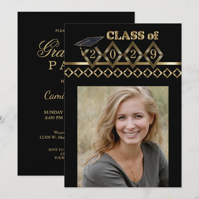 Classy Black and Gold Photo Graduation Invitation (Front/Back)