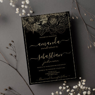 Classy black and gold roses floral wedding invitation