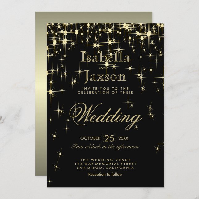Classy Black and Gold Starlights Invitation (Front/Back)