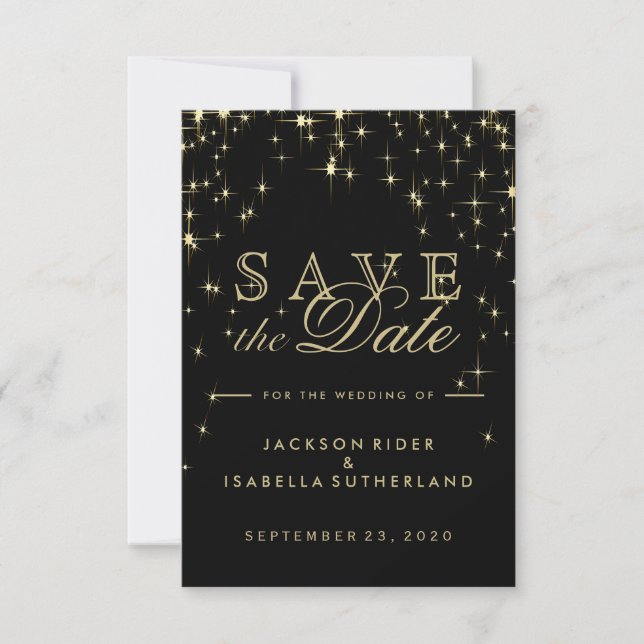 Classy Black and Gold Starlights Save The Date (Front)