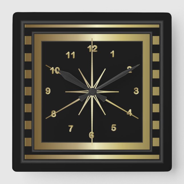 Classy Black and Gold Stripes Square Wall Clock (Front)