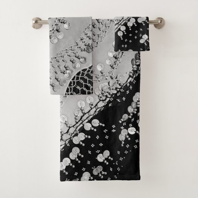 Classy Black and Silver Gypsy Coin Scarf Bath Towel Set (Insitu)