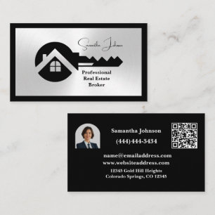 Classy Black and Silver QR Code Photo Real Estate  Business Card
