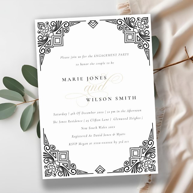 Classy Black and White Art Deco Ornate Engagement Invitation (Creator Uploaded)
