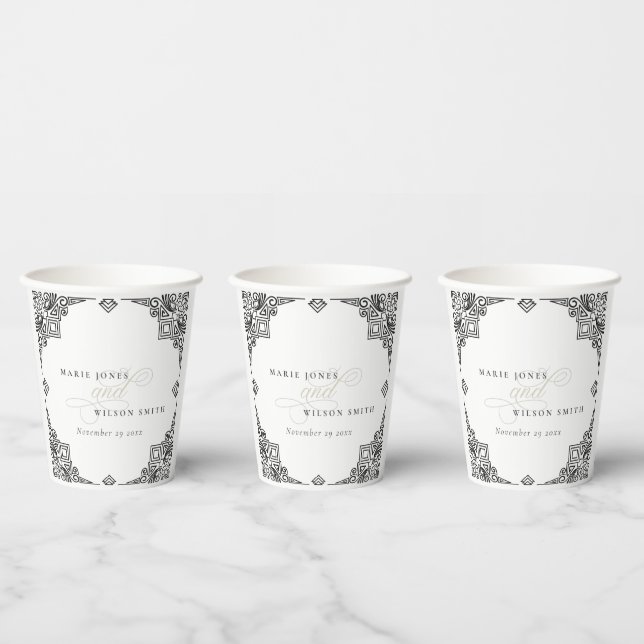 Classy Black and White Art Deco Ornate Wedding Paper Cups (Multi)