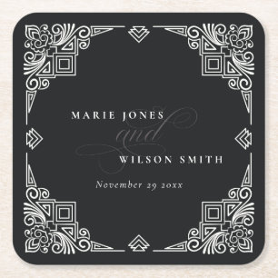 Classy Black and White Art Deco Ornate Wedding Square Paper Coaster