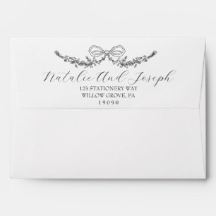 Classy Black And White Botanical Bow Wedding Envelope