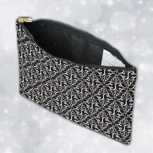 Classy Black and White Damask Design With Scrolls Accessory Pouch (Classy damask pattern in black and white with fancy white scrolls on cosmetic or toiletry bag.)