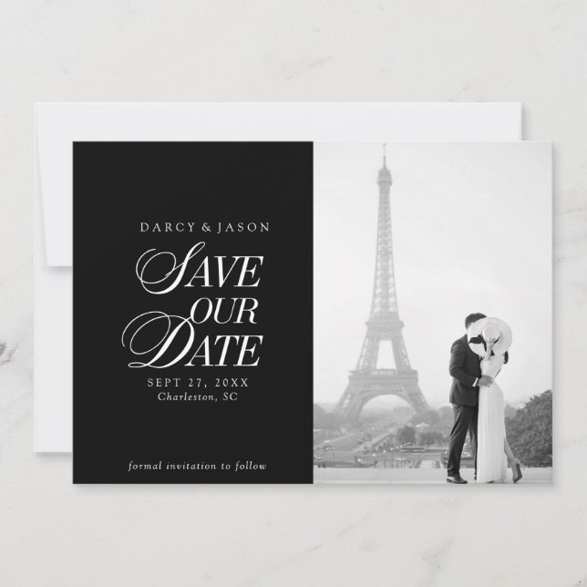 Classy Black and White Elegant Save the Date Card (Front)
