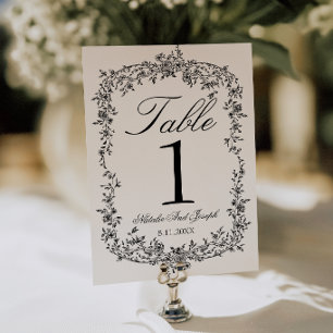 Classy Black And White Floral Wedding Table Number