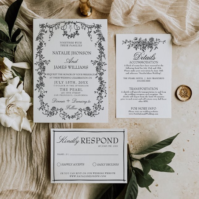 Classy Black And White Garden Monogram Wedding Invitation (Creator Uploaded)